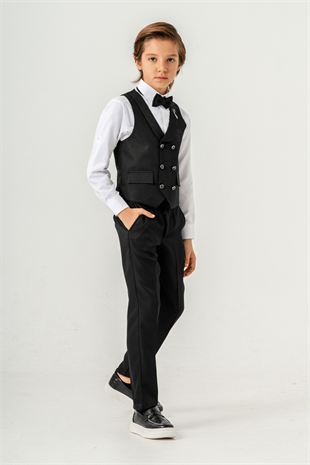 Lord Katlamalı Rozetli Çocuk Takım Elbise Siyah