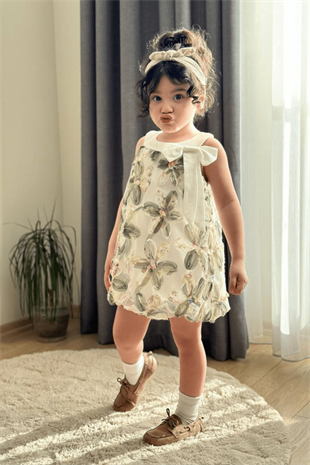 3-10 Yaş Zambak Model Kız Çocuk Elbise Yeşil