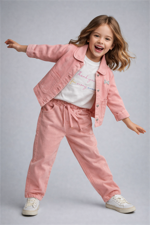 4-8 Yaş Kelebek Baskılı Gabardin 3lü Kız Çocuk Takım Yavru Ağzı Pudra