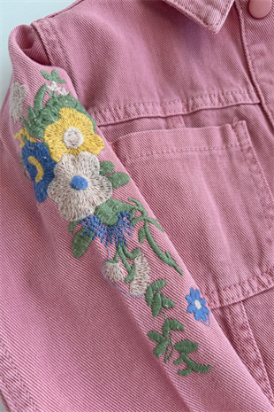 4-8 Yaş Kolları Nakışlı Ceketli Gabardin 3lü Kız Çocuk Takım Gül Kurusu