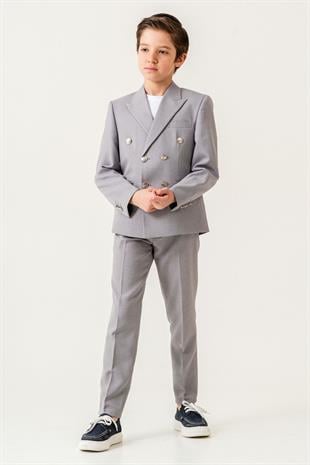 Milano Kruvaze Ceketli Tişörtlü Çocuk Takım Elbise Gri