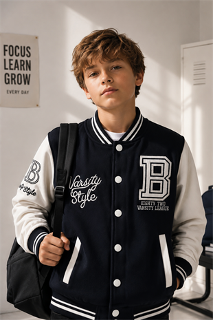 6-13 Yaş Varsity Style Çıtçıtlı Kolej Erkek Çocuk Ceket Lacivert