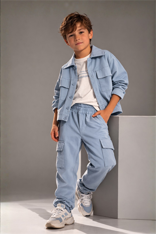 3-10 Yaş Kargo Pantolonlu Ceketli 3lü Erkek Takım Bebe Mavi
