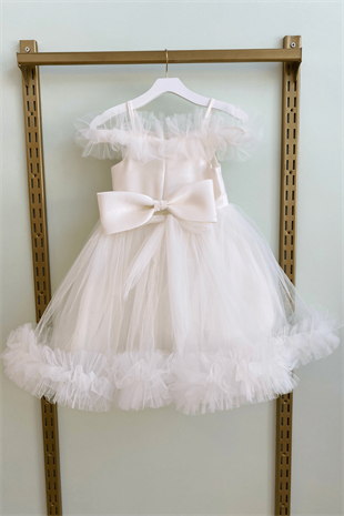 8-12 Yaş Lüx Etekleri Tül Detay Kız Çocuk Abiye Elbise Beyaz