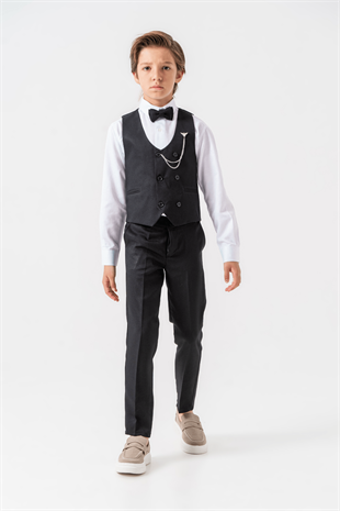 Zincir Detay Çift Düğmeli Erkek Çocuk Takım Elbise Siyah