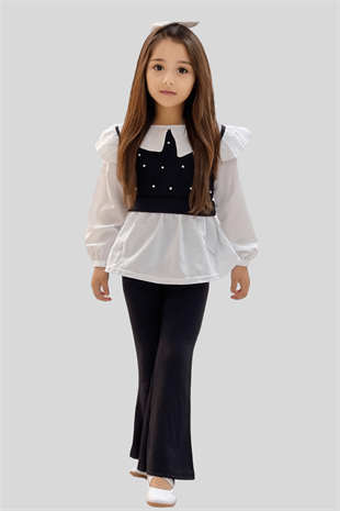 3-10 Yaş İncili Gömlek İspanyol Pantolon Takım Siyah