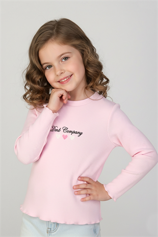 3-8 Yaş Fitilli Nakışlı Uzun Kol Kız Çocuk Body Pembe