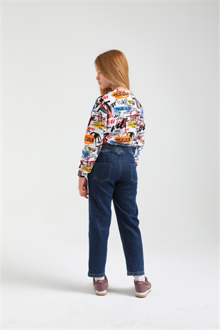 Gazete Baskılı Kız Çocuk Crop Sweatshirt