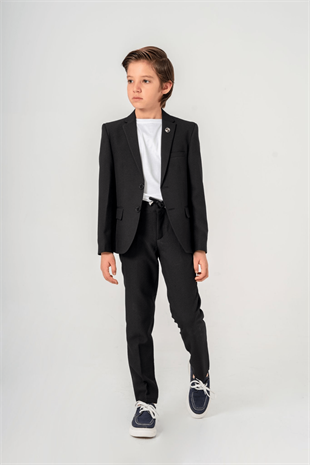 3-14 Yaş Gofre Rozetli Tişörtlü Çocuk Takım Elbise Siyah