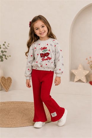 3-7 Yaş Cutie Fruit İspanyol Pantolonlu Kız Çocuk Takım Kırmızı