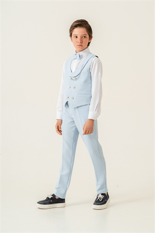 Gofre Lord Yelekli Erkek Çocuk Takım Elbise Açık Mavi