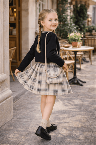 2-5 Yaş Premium Fiyonk Hırkalı Etekli Çantalı Kız Çocuk Takım Siyah