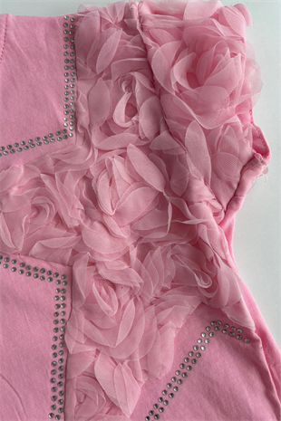 4-10 Yıldız Detay Şort Etekli Güllü Takım Pembe