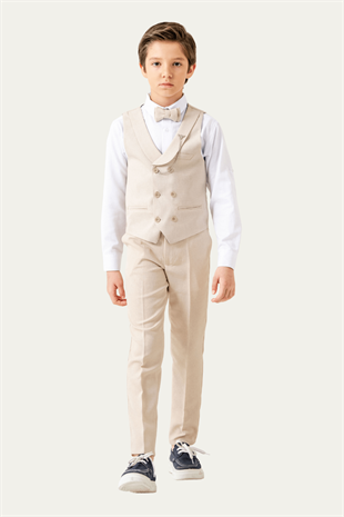 Lord Katlamalı Yelekli Çocuk Takım Elbise Krem