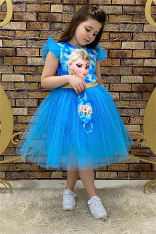 Maske Hediyeli Tül Detay Elsa Elbise