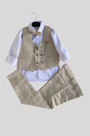 Zincir Detay Çift Düğmeli Erkek Çocuk Takım Elbise Krem