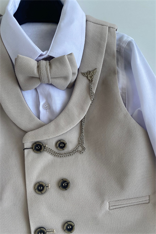 Smart Katlamalı Yelekli Çocuk Takım Elbise Bej