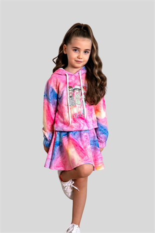 Kız Figürlü Batik Desen Kız Çocuk Etek Bluz Takım