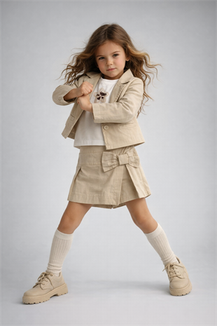 4-8 Yaş Şort Etekli Premium 3lü Kız Çocuk Takım Krem