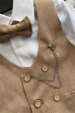 Zincir Detay Çift Düğmeli Erkek Çocuk Takım Elbise Camel