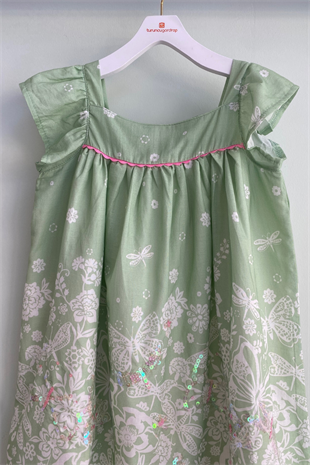 4-8 Yaş Payet Detay Biyeli Çiçekli Elbise Yeşil