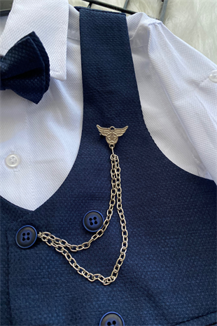 Zincir Detay Çift Düğmeli Erkek Çocuk Takım Elbise Lacivert