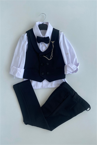 Smart Katlamalı Yelekli Çocuk Takım Elbise Siyah