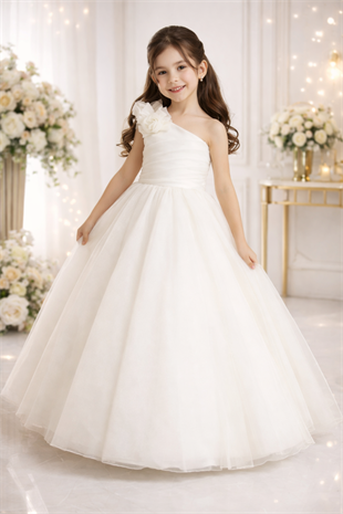 2-11 Yaş Tek Omuz Gül Detay Gelinlik Ekru