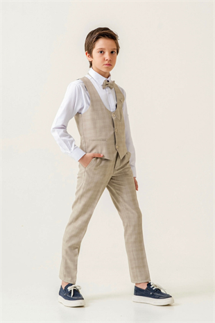 Karo Ekose Yelekli Zincirli Çocuk Takım Elbise Latte