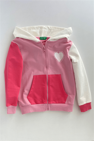 4-14 Yaş Benetton Kalp Baskılı Fermuarlı Kapüşonlu Kız Çocuk Sweatshirt Pembe