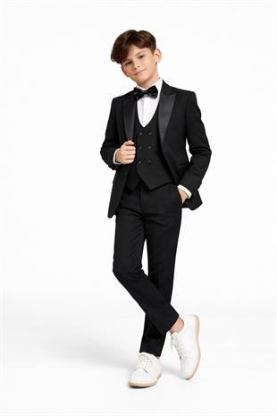 3-14 Yaş Saten Yaka Erkek Çocuk Takım Elbise Mezuniyet Siyah