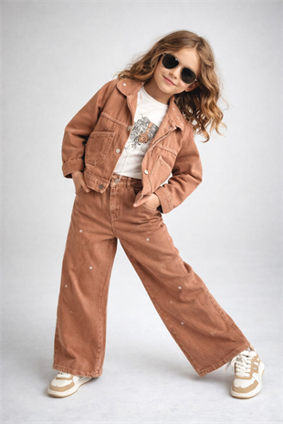 9-12 Yaş Bebe Yaka Nakışlı Kız Çocuk Pantolon Kot Takım Latte