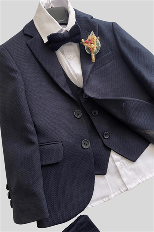 Buhara Ceketli Yaka Çiçekli Çocuk Takım Elbise Lacivert