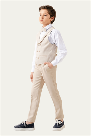 Lord Katlamalı Yelekli Çocuk Takım Elbise Krem