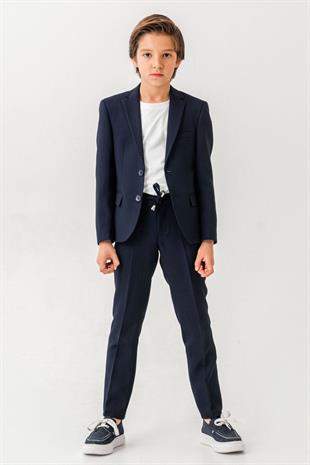 3-14 Yaş Gofre Rozetli Tişörtlü Çocuk Takım Elbise Lacivert