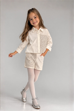 3-10 Yaş Payet Detay Şort Gömlek Kız Takım Beyaz