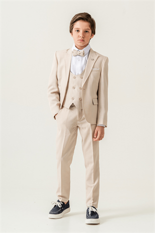 Premium Seri Mendilli Yelekli Ceketli Çocuk Takım Elbise Krem