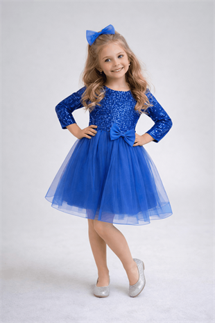 4-12 Yaş Grenli Kadife Payetli Kız Çocuk Abiye Elbise Sax