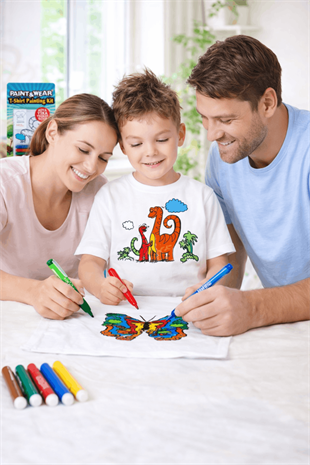 4-11 Yaş Dinozorlu Boya-Yıka Tişört Seti Beyaz