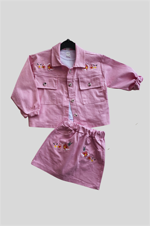 Nakışlı Kot Ceket Etek Bluz Kız Çocuk Takımı Pembe