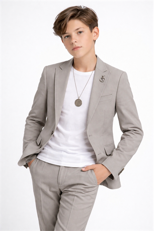 3-14 Yaş Oscar Tişörtlü Kolyeli Erkek Çocuk Takım Elbise Mezuniyet Gri