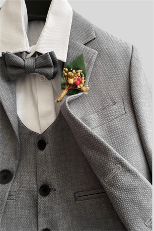 Yaka Çiçekli Yelekli Erkek Çocuk Takım Elbise Gri