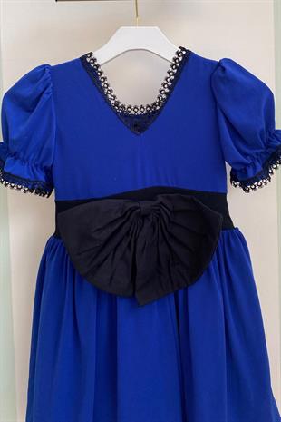 Yakası Dantel Detay Kısa Kol Bebek Elbise Mavi