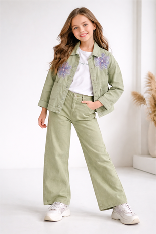 9-14 Yaş Çiçek Boncuk Aplikeli Ceketli Gabardin  Kız Çocuk Takım Yeşil