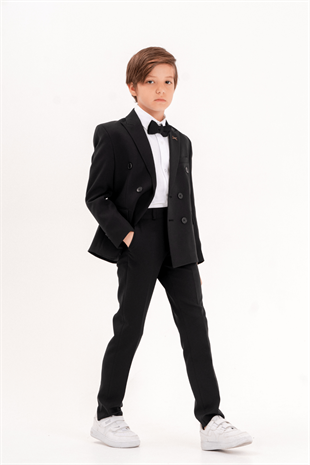 Double Kruvaze Ceketli Erkek Çocuk Takım Elbise Siyah