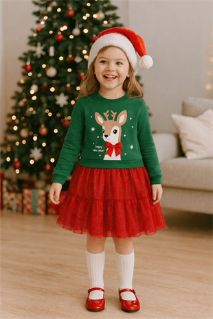 4-7 Yaş Geyik Detay Yeni yıl Elbise Kırmızı