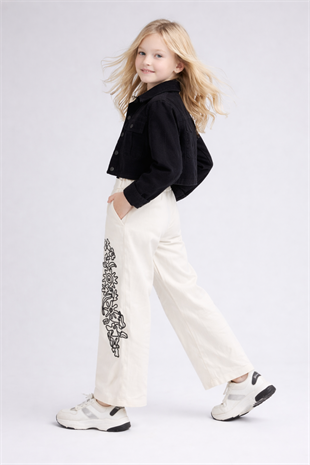 3-12 Yaş Nakış Pantolonlu Gabardin Ceketli Kız Çocuk Takım Siyah