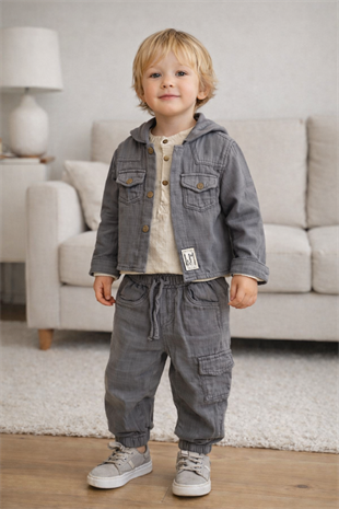 2-5 Yaş Müslin Ceketli 3lü Erkek Çocuk Takım Gri