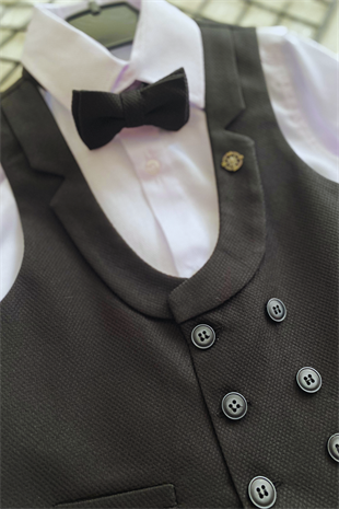 Katlama Detay Yelekli Rozetli Çocuk Takım Elbise Siyah