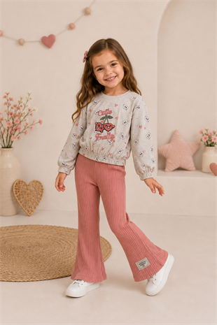 3-7 Yaş Cutie Fruit İspanyol Pantolonlu Kız Çocuk Takım Pudra